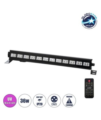 GLOBOSTAR® UVBAR 79660 Μπάρα Φωτισμού LED 36W 120° AC 220-240V IP20 Μαύρο Αλουμίνιο - Ultraviolet UV Black Light - DMX512 & Ασύρματο Χειριστήριο IR - Μ50 x Π6 x Υ6cm - 2 Χρόνια Εγγύηση